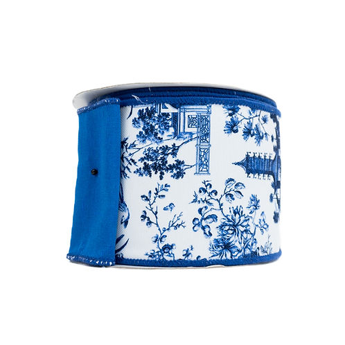 RIBBON 4" X 10YDS CHINOISERIE DUPION WHITE AND BLUE
