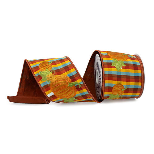 RIBBON 4" X 10YDS DUPION CHECK PUMPKIN MULTICOLOR