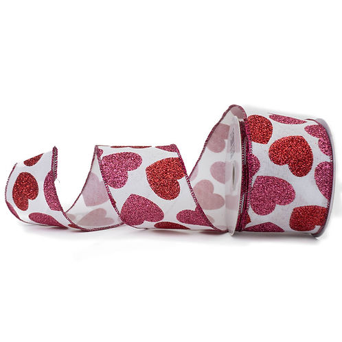 RIBBON 2.5" X 10YDS BOLD GLTTER HEARS WHITE, RED AND PINK