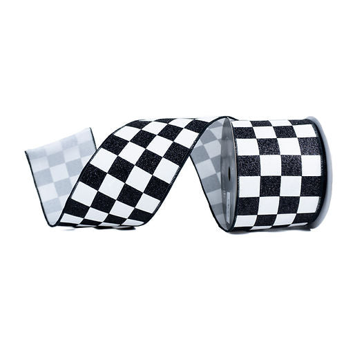 RIBBON 4" X 10YDS GLITTER CHECKS BLACK AND WHITE