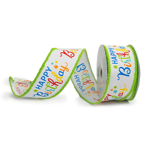 RIBBON 2.5" X 10YDS HAPPY BIRTHDAY WHITE