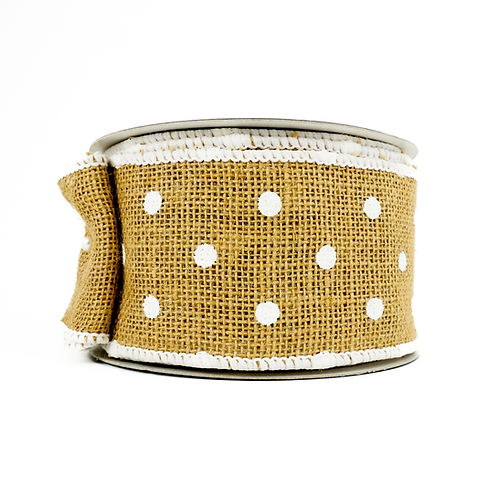RIBBON POLKA DOTS 2.5X10YDS NATURAL AND WHITE