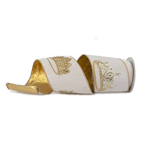 RIBBON 4" X 5YDS CROWNS WHITE AND GOLD