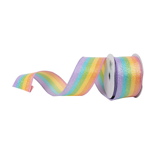 RIBBON 2.5" X 10YDS VERTICAL STRIPES GLITTER PASTEL RAINBOW
