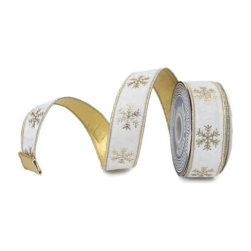 RIBBON 1.5" X 10YDS VELVET SNOWFLAKE WHITE AND GOLD