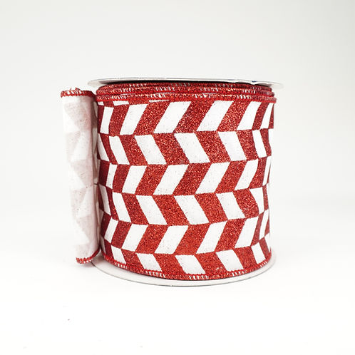 RIBBON 4X10YDS RED AND WHITE HERRINGBONE