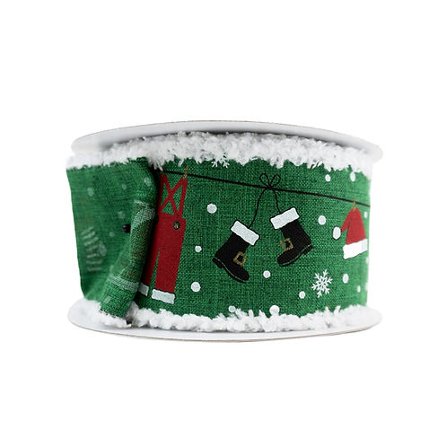 RIBBON 2.5X10YDS SANTA CLOTHES DRIFT GREEN AND WHITE