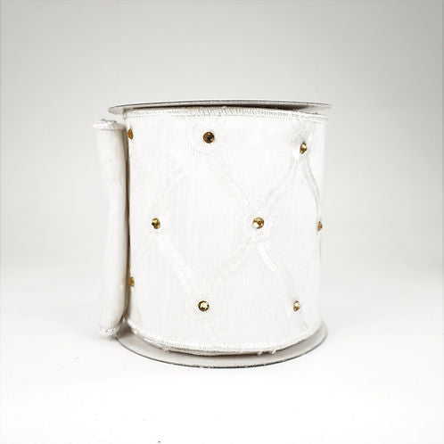 RIBBON 4X5YDS WHITE OGEE WITH GOLD JEWELS