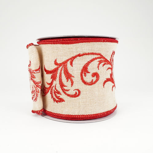 RIBBON 4X10YDS NATURAL WITH RED ACANTHUS