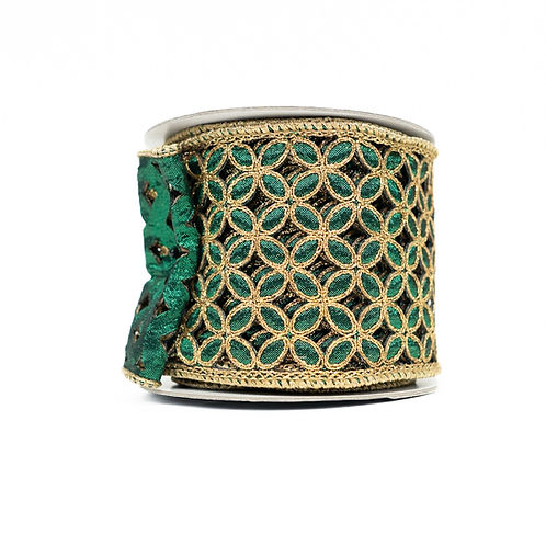 RIBBON 4" X 5YDS FLOWER LACE EMERALD AND GOLD