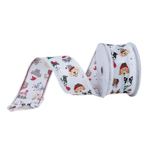 RIBBON 2.5" X 10YDS CHRISTMAS DOGS WHITE