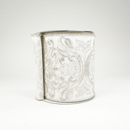 RIBBON 4X5YDS WHITE WITH GOLD FILIGREE