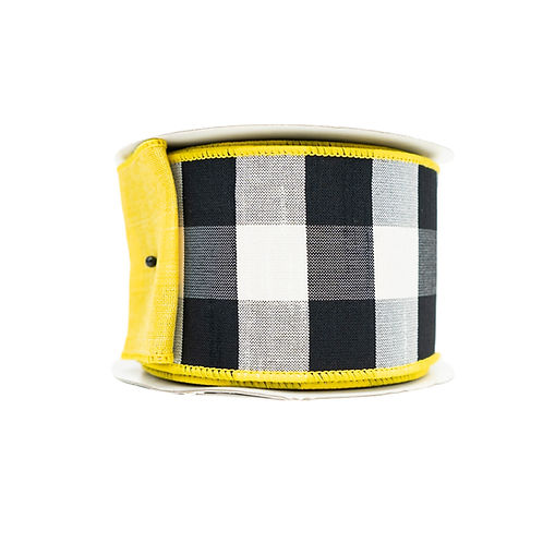 RIBBON 2.5" X 10YDS CHECKER DUPIONI WHITE, YELLOW AND BLACK