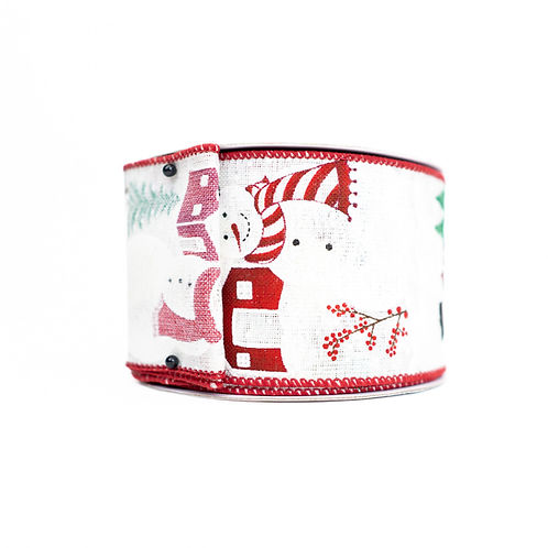 RIBBON 2.5" X 10YDS IRIDESCENT SNOWMAN RED AND WHITE