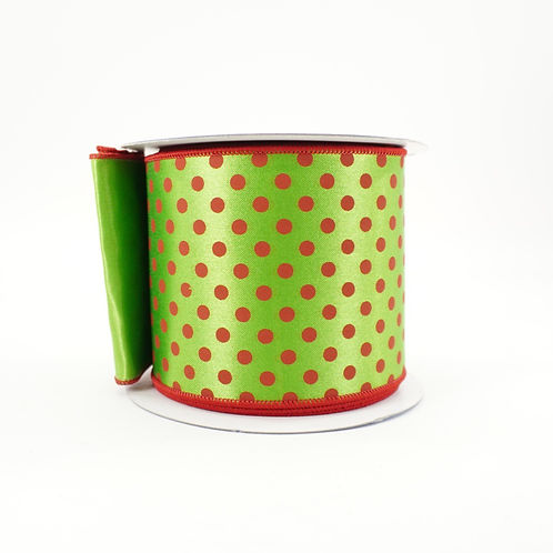 RIBBON GREEN WITH MINI RED DOTS 4X10YDS
