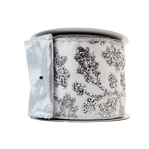RIBBON 4" X 10YDS VELVET HOLLY WHITE AND SILVER