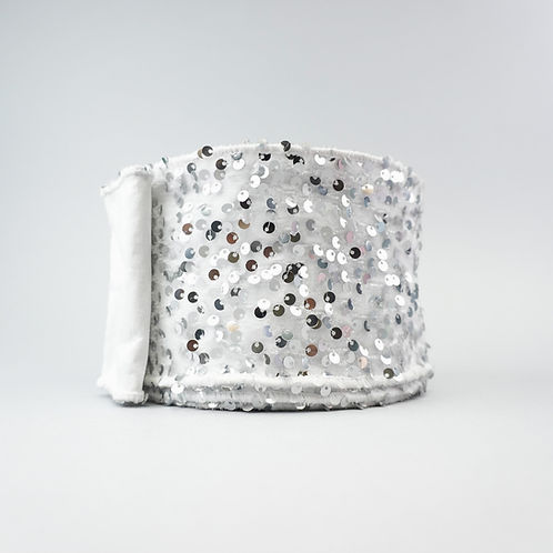 RIBBON VELVET SEQUIN 4X10YDS WHITE AND SILVER