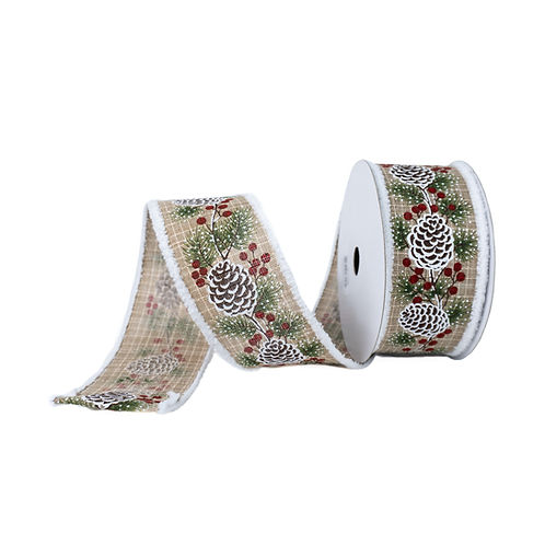 RIBBON 2.65" X 10YDS PINECONES AND BERRIES RED AND BEIGE