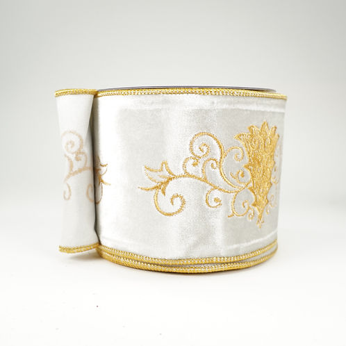 RIBBON 4X10YDS WHITE VELVET WITH GOLD EMBROIDERY
