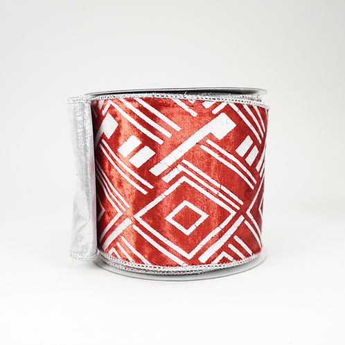 RIBBON 4X10YDS RED VELVET SILVER AZTEC