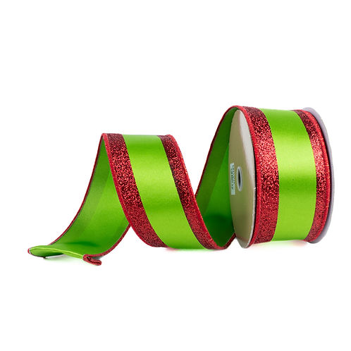 RIBBON 2.5" X 10YDS VERTICAL GLITTER STRIPE RED AND GREEN