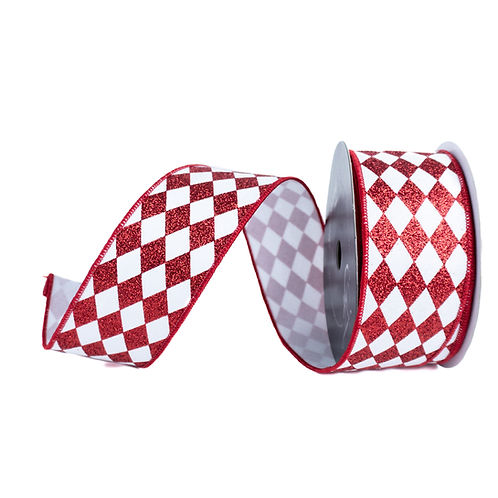 RIBBON 2.5" X 10YDS GLITTER JESTER DIAMONDS RED