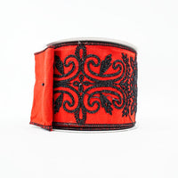 RIBBON 4X10YDS FILIGREE RED AND BLACK