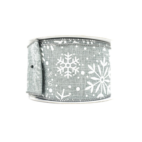 RIBBON BURLAP SNOWFLAKES GRAY WITH 2.5X10YDS
