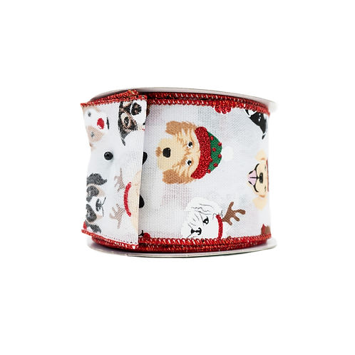 RIBBON 2.5" X 10YDS CHRISTMAS DOGS WHITE