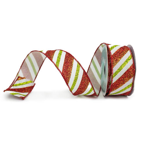 RIBBON 1.5" X 10YDS GLITTER STRIPE WHITE RED