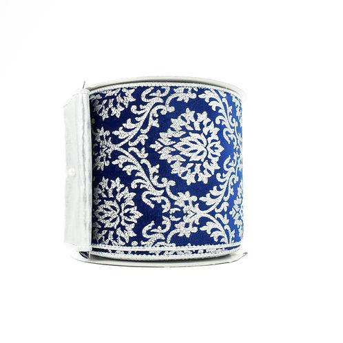 RIBBON ROYAL DAMASK 4X10YDS BLUE AND SILVER