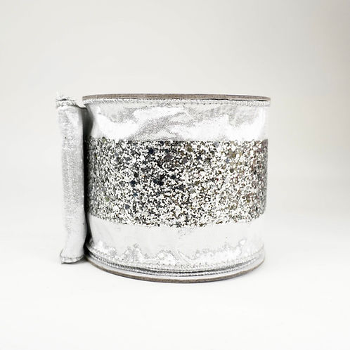 RIBBON 4" X 10YDS GLITTER TRIM SILVER