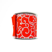 RIBBON LUS GLITTER SCROLL 4X10YDS RED AND SILVER