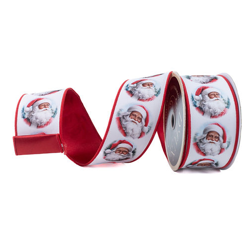 RIBBON 2.5" X 10YDS BROWN SANTA FACES RED AND WHITE
