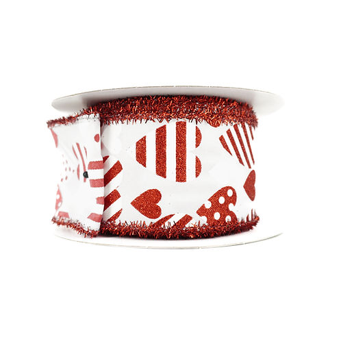 RIBBON 2.5" X 10YDS HEARTS WITH TINSEL WHITE