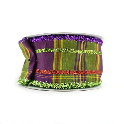RIBBON 2.5" X 10YDS DUPIONI PLAID TINSEL PURPLE AND LIME