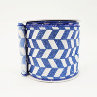 RIBBON 4X10YDS WHITE BLUE GLITTER ZIG ZAG CHECKERED