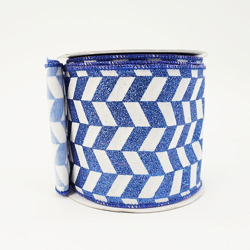 RIBBON 4X10YDS WHITE BLUE GLITTER ZIG ZAG CHECKERED