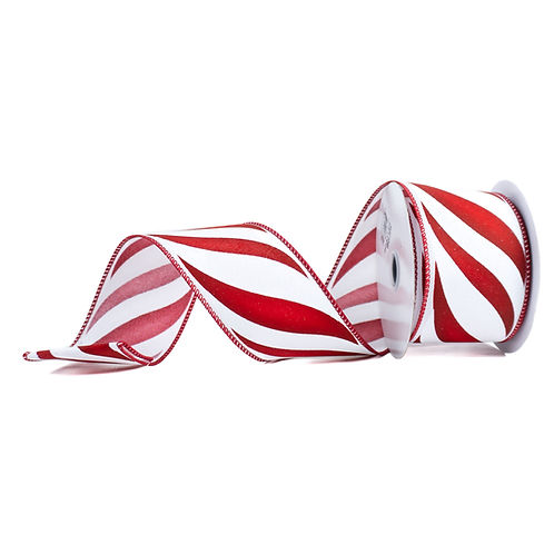 RIBBON 2.5" X 10YDS SWIRL CANDY STRIPE RED AND WHITE