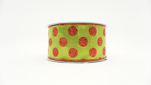 GLITTER POLKA DOT RIBBON 2.5X10YDS LIME GREEN AND RED