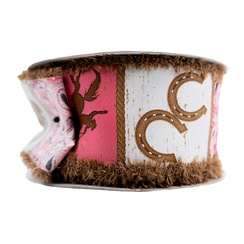 RIBBON 2.5X10YDS  COWBOY BLOCKS DRIFT EDGE PINK, BROWN AND WHITE