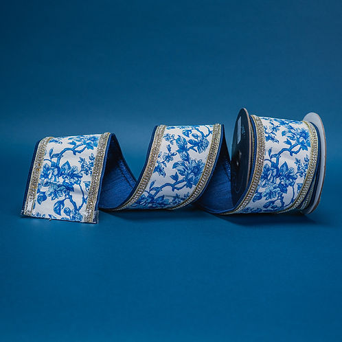 RIBBON 4" X 5YDS BLOSSOMING WITH DAIMONDS BLUE, WHITE AND GOLD