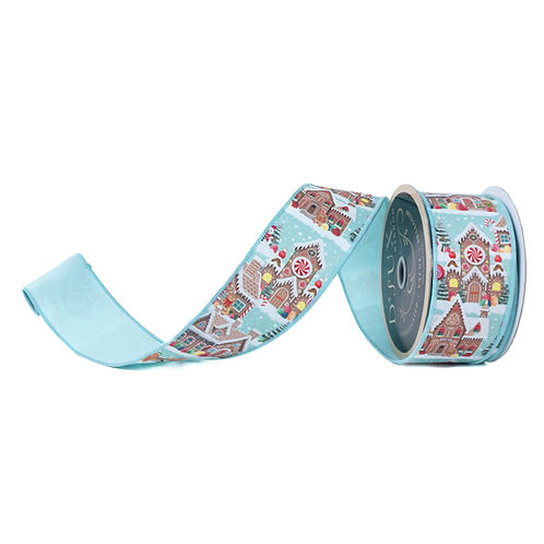 RIBBON 2.5" X 10YDS GINGERBREAD VILLAGE FUSED LIGHT BLUE
