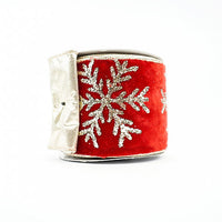 RIBBON 4X10YDS VELVET SNOWFLAKE RED AND PLATINUM
