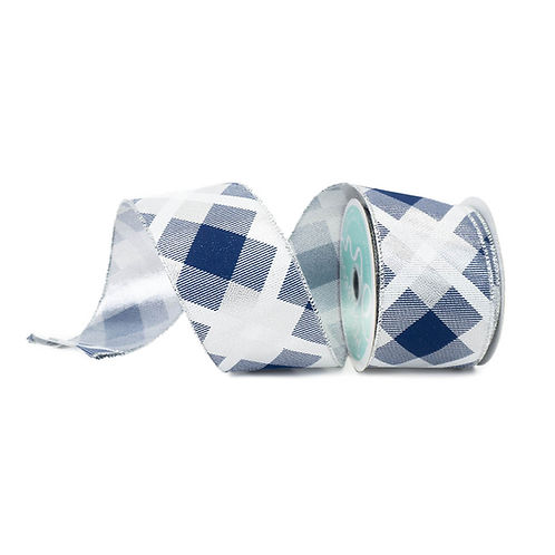 RIBBON 2.5" X 10YDS METALLIC PLAID SILVER , WHITE AND BLUE