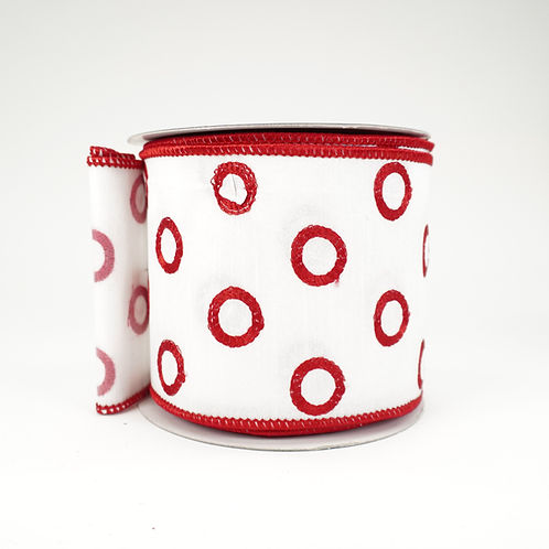 RIBBON 4X10YDS WHITE WITH RED CIRCLES