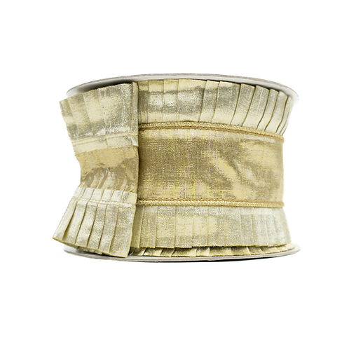 RIBBON 4" X 10YDS RUFFLE BORDER GOLD AND PLATNIUM