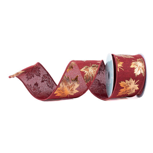 RIBBON 2.5" X 10YDS FOIL MAPLE LEAF ON ROYAL ( 3 COLORS )