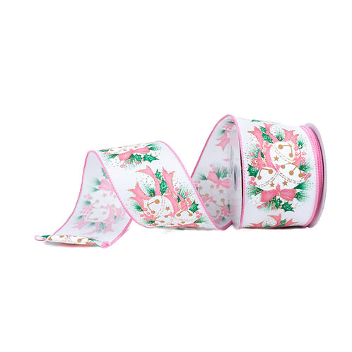 RIBBON 2.5" X 10YDS JINGLE BELL WITH PINE PINK, GOLD AND GREEN