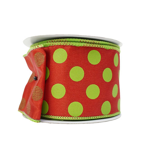 RIBBON 2.5X10YDS LARGE POLKA DOTS WITH RED AND LIME
